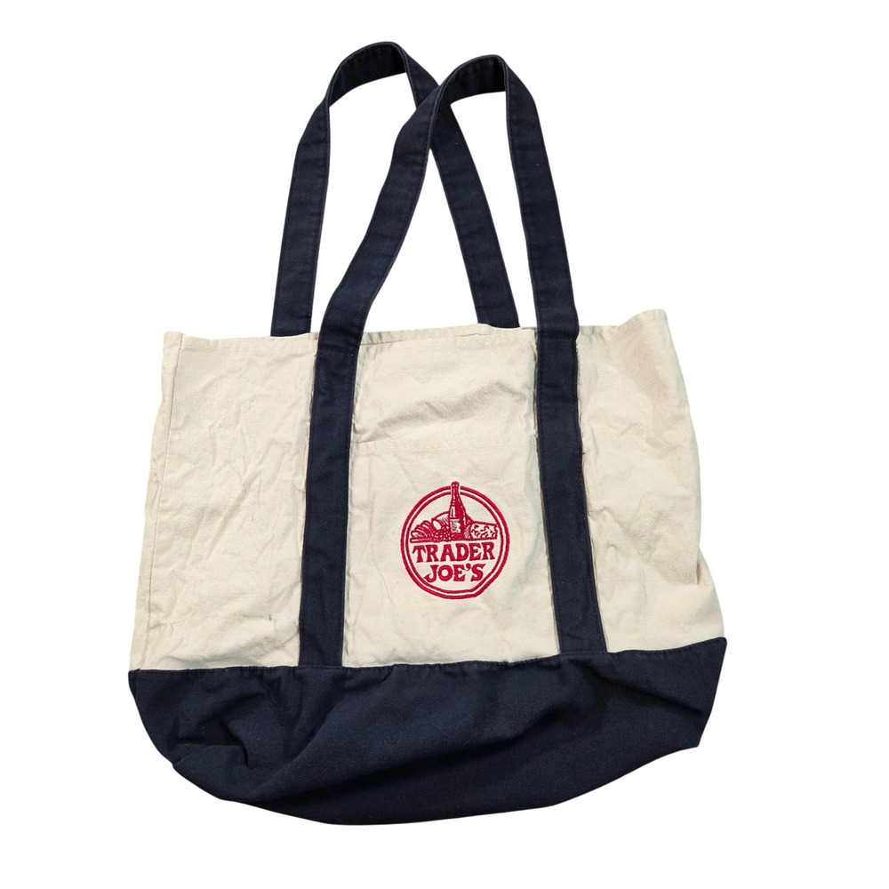 Trader Joe's Tote Bag Cream Blue Canvas Logo Reusable Grocery Shopping